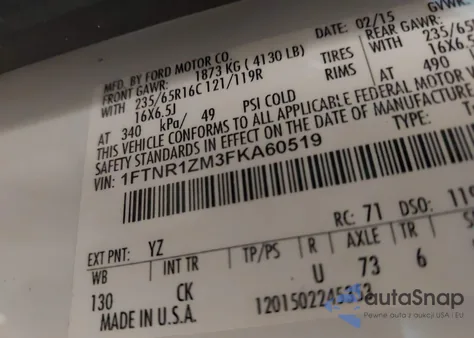 2015 Ford Transit-250 from USA, damaged, VIN 1FTNR1ZM3FKA60519